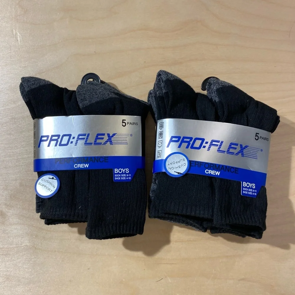 2 Pro:Flex Black Crew Socks for Boys- 5 Pairs sock size 9-11 Shoe Size 4-10 (OC)